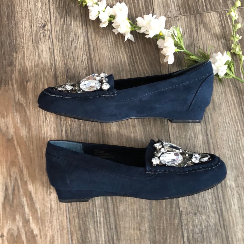 Joan Boyce Navy Embellished Loafers